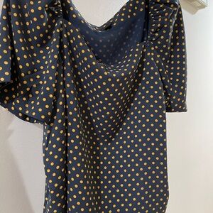 Ann Taylor flutter sleeve blouse. Navy with gold polka dots. Lined in navy. XL